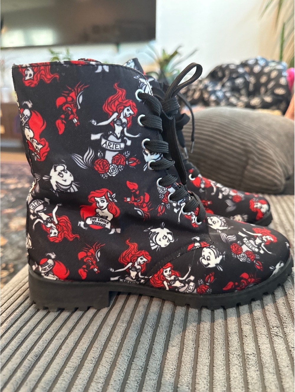 Black Combat Boots with Red and White Little Mermaid